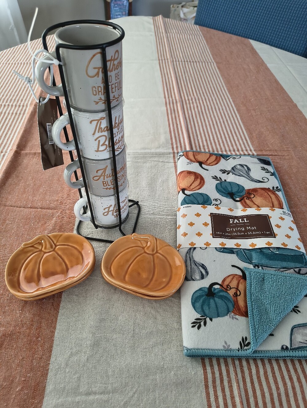 Fall Thanksgiving Kitchen Set - Stacking Mugs with Stand, Pumpkin Coasters Mat